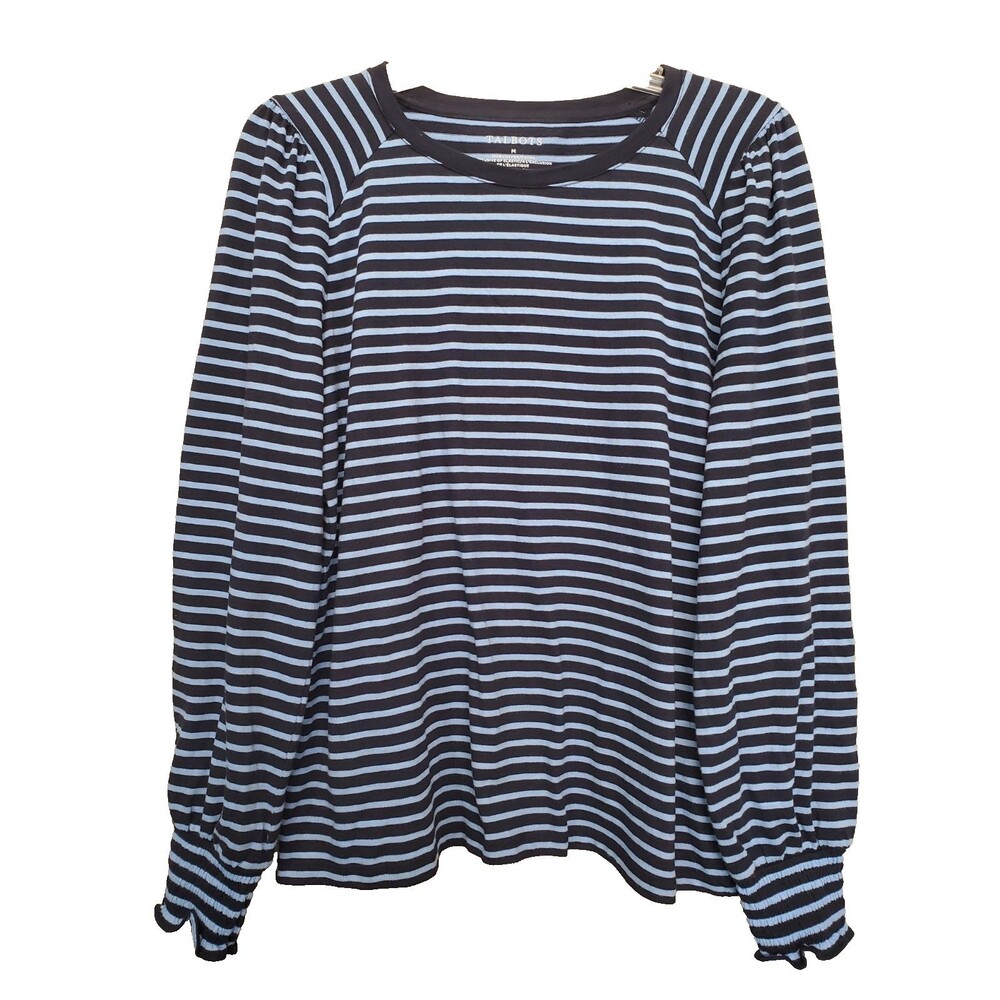 Talbots 100% Cotton Blue Striped Puff Sleeve T-Shirt Size Medium